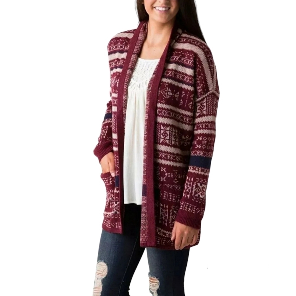 Billabong Women Red Aztec Open Cardigan Sz L Academia Fall Pocket Cabincore Cozy